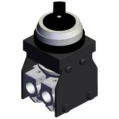 Manual air control valve with a three-position twist actuator for selecting between multiple flow paths. Features three ports and a side-ported body with 1/8 in BSPT connections. Used to start, stop, or direct compressed air in pneumatic systems.