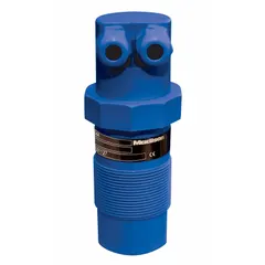 Ultrasonic liquid level sensor transmitter with 2 in NPT connection and 2 1/8 in antenna diameter. Provides non-contact level measurement up to 19 ft with accuracy of +/-0.2% of full range. Operates on 30V DC with 4 to 20mA output. Suitable for continuous level monitoring in tanks and vessels.