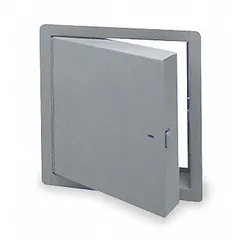 This steel locking access door is designed for wall mounting, featuring a piano hinge and exposed flange. The 16-gauge frame and powder-coated white finish provide a durable surface for industrial maintenance access points, such as HVAC, plumbing, or electrical service panels.