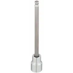 This ball-end hex bit socket features a 10 mm hex tip with a fixed insert design. The ball-end allows angled engagement with hex-head fasteners, useful in confined spaces. Overall length is 4-3/4 inches.