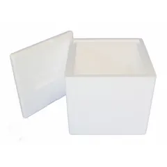 Cardboard insulated box and foam shipping kit with 1.5 in thick Styrofoam insert. White outer box and insert. Used for temperature-sensitive shipments requiring thermal protection during transit.