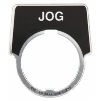 Half-round legend plate with black background and silver metallic finish. Overall height 2 in, overall width 1 3/4 in. Designed for 30 mm panel mounting with notch orientation. Displays 'Jog' legend for push-button station identification in industrial control panels