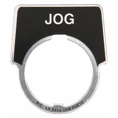 Half-round legend plate with black background and silver metallic finish. Overall height 2 in, overall width 1 3/4 in. Designed for 30 mm panel mounting with notch orientation. Displays 'Jog' legend for push-button station identification in industrial control panels.