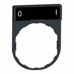 Rectangular legend plate for 22 mm panel mounting, part of the XB5 series. Non-metallic plastic construction with black/red color scheme and white English 'OI' text. Measures 1 5/8 in overall height by 1 3/16 in overall width. Used in industrial control stations to identify operator functions.