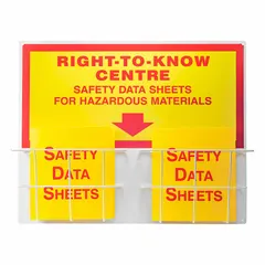 Red wall-mount information center for posting safety notices, emergency procedures, or compliance documents. Overall dimensions 24 in height, 30 in width, 6 3/4 in depth. Mounting hardware not included.