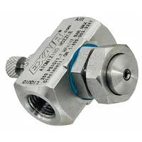 Stainless steel siphon-fed air-atomizing spray nozzle with 1/4 in FNPT connection, internal mix type, and 0.7 scfm flow rate. Produces a round spray pattern at 15 inches. Suitable for liquid atomization in industrial coating, humidification, and cooling applications