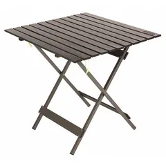 This collapsible table is constructed of aluminum for lightweight portability. It measures 28 inches in height and 27 1/2 inches in length, providing a compact surface for outdoor activities such as camping, picnics, or tailgating.