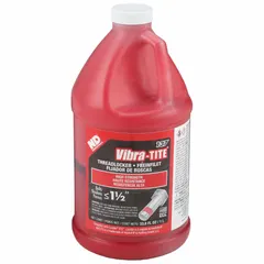 Red, high-temperature resistant threadlocker supplied in a 33.81 fl oz jug. Designed for locking and sealing threaded fasteners in industrial equipment, preventing loosening from vibration and thermal cycling. Suitable for use on pumps, compressors, and combustion systems.