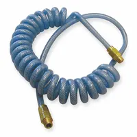 This coiled air hose assembly features a blue polyurethane cover with wire-braid reinforcement for abrasion and kink resistance. It has a 3/8 in inside diameter and is fitted with brass MNPT x MNPT connectors (3/8 in x 3/8 in). Suitable for supplying compressed air to pneumatic tools in workshops, assembly lines, and maintenance bays