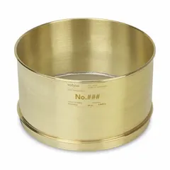 This test sieve features a stainless steel screen cloth with US Standard #200 mesh size, mounted in a brass frame. It has an 8-inch outside diameter and 4 5/8-inch height, conforming to ASTM E11 standards. Used for particle size analysis and material classification in laboratory and industrial quality control applications.