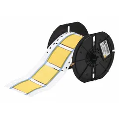 Polyolefin heat-shrink sleeve labels in yellow matte finish. Each label measures 1 inch by 2 inches and is designed for wire gauges from 2 AWG to 2 AWG. Compatible with the i3300 printer series for on-demand printing. Used for wire and cable identification in electrical panels, data centers, and manufacturing environments.