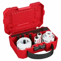 This 11-piece hole saw kit features bi-metal construction with 3.5 teeth per inch for cutting wood, metal, and plastic. Saw sizes range from 3/4 in to 2 1/2 in, suitable for creating clean holes in electrical, plumbing, and construction applications.