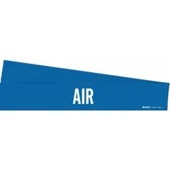 Blue adhesive pipe marker with white legend reading 'Air' for identifying compressed air lines. Fits pipe outer diameters from 2-1/2 to 7-7/8 inches. Pack of 5 markers, each for one pipe, without arrows. Used in industrial facilities to indicate pipe contents for safety and maintenance.