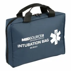 Blue polyester intubation supply case for organizing and transporting airway management tools. Overall width 14 in. Designed for medical and emergency settings to keep intubation supplies secure and accessible.