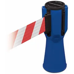 This plastic barrier tape belt is designed for use with traffic cones to create temporary pedestrian or vehicle barriers. It features a white belt with a blank legend, allowing custom signage, and a blue belt housing. The belt height is 9 inches, overall height is 3/4 foot, and maximum belt length is 11 7/8 feet.