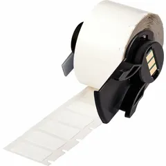 Nylon precut label roll with black-on-white printing, measuring 1/2 in x 29/32 in. Designed for use with M611 printer series and M7-R4300 ribbon. Suitable for durable identification of wires, cables, and small components in industrial environments.