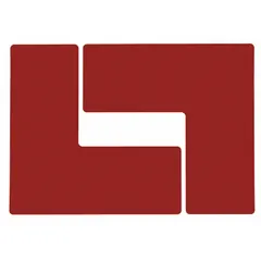 This L-shaped floor marking tape is made of polyester with a thickness of 8 mil. It is solid red with no legend, supplied in 4 in x 10 in sheets, 20 per pack. Used to mark aisles, hazards, or work zones in industrial facilities, the red color signals caution or restricted areas.
