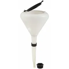 This polyethylene drum funnel features a manual-closing lid for controlled fluid transfer. Designed for use with antifreeze, it helps prevent spills during drum filling. The funnel has no flame arrester and measures 21 1/8 inches. Suitable for industrial fluid handling and waste collection applications.