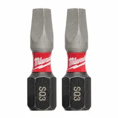 This 2-pack of MILWAUKEE insert bits features a #3 (S3) square drive size for driving #3 square-drive fasteners. The hex shank provides secure retention in power tool chucks. Suitable for standard-duty screwdriving in construction, woodworking, and assembly applications.