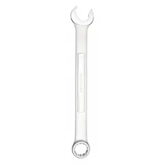 This metric 12-point combination wrench features an 11 mm head size and a 5 7/8 in overall length with an offset design. The satin finish provides a corrosion-resistant surface. The 12-point box end offers a secure grip on hex fasteners, while the open end allows for quick positioning. Commonly used for tightening or loosening 11 mm fasteners in automotive repair, machinery maintenance, and general assembly tasks.