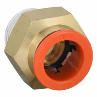 This SMC push-to-connect adapter fitting connects 1/2 in OD polybutylene or brass tubing to a 3/8 in male NPT threaded port. The brass body and nut provide corrosion resistance for pneumatic and low-pressure fluid systems. No tools are required for installation, enabling quick, leak-free connections