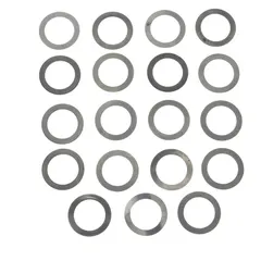 This 19-piece steel arbor shim assortment is used for precision spacing and alignment of machine components on shafts with a 1.25 in inside diameter. Each shim has a 1.25 in inside diameter and 1.75 in outside diameter, with thickness tolerance of +/-0.003 in, inside diameter tolerance of +0.011/-0.000 in, and outside diameter tolerance of +/-0.002 in.