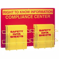 This red information center is designed for organizing and displaying safety signs, instructions, or notices in industrial environments. It features a wire rack with sign mounting style and measures 20 inches in height, 29 inches in width, and 4 1/2 inches in depth. Mounting hardware is not included.