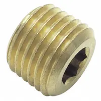 Threaded extreme-pressure instrumentation pipe fitting for sealing unused ports in hydraulic or pneumatic systems. Made from C36000 brass with 3/4 in BSPT thread, rated to 3626 psi maximum operating pressure, 21/32 in length