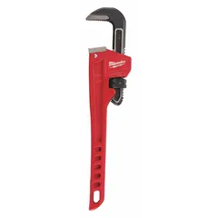This MILWAUKEE straight pipe wrench is constructed from alloy steel with a serrated jaw for secure gripping. It has a 2-inch jaw capacity and an overall length of 14 inches. The ergonomic handle reduces hand fatigue during repetitive use. Suitable for turning pipes, fittings, and round stock in plumbing and maintenance applications.