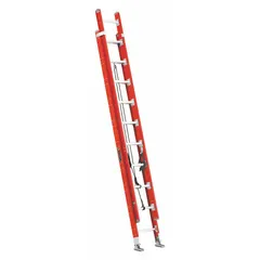 This 20 ft fiberglass extension ladder has a 300 lb load capacity and weighs 45 lb. It features a fixed fly and a rope and pulley system. The non-conductive fiberglass construction makes it suitable for tasks where electrical safety is a concern, such as maintenance, construction, and utility work.