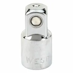 Square drive adapter converts 3/8" drive tools to accept 1/2" drive sockets. Chrome finish. Overall length 1 1/2 in. Used in automotive, industrial, and general mechanical applications.