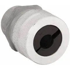 Straight metallic cable grip with 1 in MNPT box connection, accepting cord diameters from 0.50 in to 0.63 in. Aluminum body in silver finish with brown color-coded grommet. Rated for Class I, Division 2 hazardous locations. Suitable for securing and sealing cord connections in industrial environments.