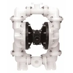This air-operated double-diaphragm pump features a polypropylene housing, 2-inch flange connections, and a flow capacity of 200 gpm. Wetted components include PTFE check valves, a PP seat, and a PTFE diaphragm with Santoprene backing. Suitable for transferring abrasive, viscous, or shear-sensitive fluids in industrial fluid handling applications.