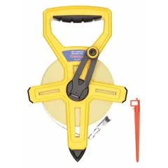 Manual open-reel tape measure with a 100 ft fiberglass blade. Features a double-sided SAE/Engineers scale with 1/100 ft graduations and a nonmagnetic single hook. Plastic case. Suitable for measuring long distances in construction, surveying, and engineering applications where non-conductive tools are needed.