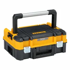 This TSTAK tool box is constructed of plastic in black and yellow. It measures 17 1/4 inches wide, 13 inches deep, and 17 7/8 inches high. The box includes a padlock for security and is designed for modular stacking with other TSTAK units, suitable for organizing and transporting tools in various work environments.