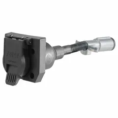 This adapter converts a 6-way round trailer plug to a 7-way blade socket, allowing connection between different trailer wiring systems. Made of plastic, it measures 9-5/8 inches in overall length. Commonly used in fleet and vehicle maintenance for towing applications.