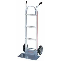 This dual-handle hand truck features a silver aluminum frame for corrosion resistance and lightweight handling. It is equipped with tread-on-core wheels for traction and durability. Suitable for moving loads up to 500 lb in environments where rust or chemical exposure is a concern.