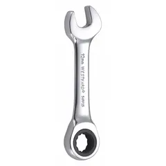 This metric 12-point ratcheting combination wrench is constructed from alloy steel with a chrome finish. It features a 12 mm head size and a 4-inch overall length, designed as a standard (non-reversible) tool. Suitable for tightening or loosening fasteners in automotive repair, machinery maintenance, and general industrial assembly.