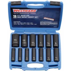 This 13-piece SAE impact socket set features a 1/2 in drive and includes sizes from 7/16 in to 1-1/4 in. Designed for use with impact wrenches, it is suited for heavy-duty fastening tasks such as automotive repair, industrial maintenance, and construction.