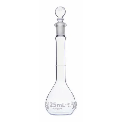 GLOBE SCIENTIFIC Labu Ukur: 25 mL, Tidak Berwarna, A, 0.03 mL, Termasuk Tutup - Glass Volumetric Flasks