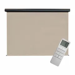 Motorized outdoor shade with remote control, 8 ft fabric height and 8 ft valence width in Light Brown. Features a cable tie-down system and oil-rubbed bronze valance. Suitable for patios, decks, or pergolas to provide adjustable shade and wind resistance.