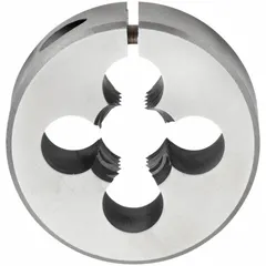 This adjustable round threading die is used for cutting external UNC threads on metal rods or bolts. It features a 7/16"-14 UNC thread size, 1-inch outside diameter, and is made from high-speed steel. The adjustment mechanism allows for precise thread depth control. Commonly applied in maintenance, repair, and fabrication tasks.