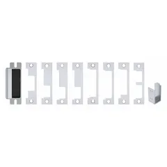 This electric strike accommodates both cylindrical and mortise locksets in a single stainless steel body. It measures 4 7/8 inches in height and operates on 12/24V input voltage. Rated for heavy-duty use, it is suitable for access control applications in commercial and industrial door openings.