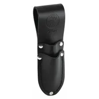 Black leather sheath with two pockets, designed to carry scissors. Features an open top and a belt slot for attachment to belts up to 2 1/4 inches wide. Suitable for tradespeople requiring convenient access to scissors while working