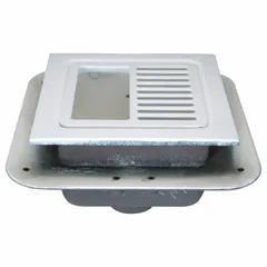 Square cast iron floor sink with white enamel finish, 6 in sump depth, and 3 in no-hub connection. Includes cast iron grate with 1/2 opening. Used for collecting and draining surface water or wastewater in commercial and industrial floor areas.