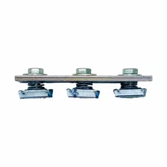 Steel flat fitting splice plate with three 9/16 in diameter holes and a silver finish. Used to join strut channels end-to-end in industrial framing systems for supporting conduit, piping, or cable trays.