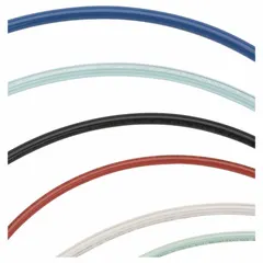 Metric polyurethane tubing with 2.5 mm inner diameter and 4 mm outer diameter, 25 ft length, blue color. Hardness Shore A 90 to 95, maximum operating pressure 190 psi at 180°F. Suitable for pneumatic and fluid transfer applications in industrial automation and instrumentation.