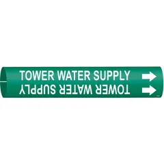 This snap-on pipe marker identifies tower water supply lines. It has a green background with white legend and directional arrows. Fits pipe outer diameters from 1-1/2 to 2-3/8 inches. Supplied as a single marker for use in industrial piping systems.