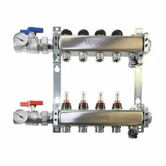 This UPONOR branch manifold is constructed of stainless steel with one 1-1/4 in inlet and one 3/4 in outlet, measuring 12.9 inches overall. It is used in plumbing and heating systems to distribute or collect fluid flow, suitable for hydronic and radiant heating applications.