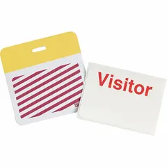 Vinyl clip-on ID badge with white background and yellow legend. Card height 2 in, card width 3 in. Pack of 500. Suitable for temporary identification in industrial, office, and plant environments.